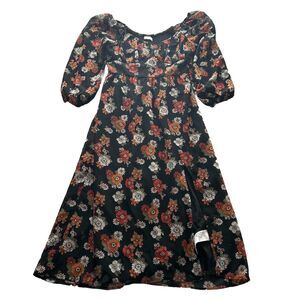 Hollister Black‎ Floral Dress Off Shoulder Bow Smocked Waist Midi Front Slit M
